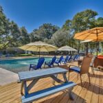 patio sitting area with tables and umbrellas next to swimming pool